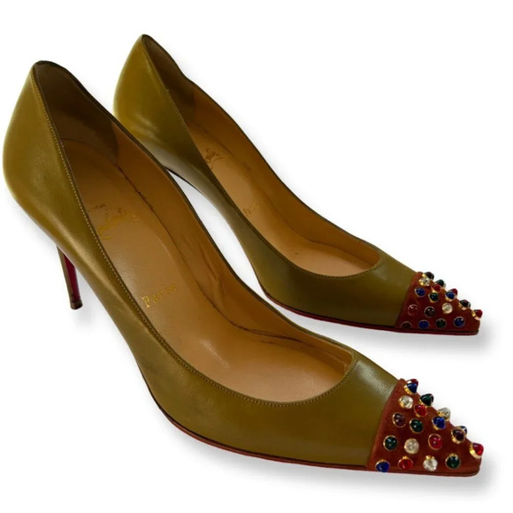 Christian Louboutin RARE Olive Green Cabo Pointed Pumps Jewelled Cap Toe EU 39.5 - Picture 5 of 15